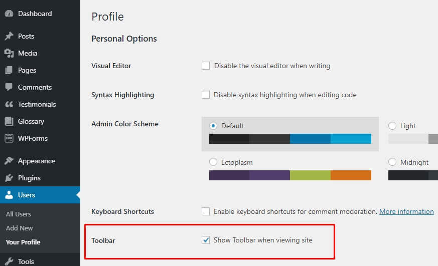 Toolbar settings in WordPress admin